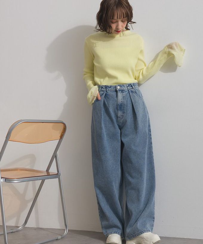 日本 ELENCARE DUE - 10oz 立體摺線後腰鬆緊牛仔褲-刷色藍