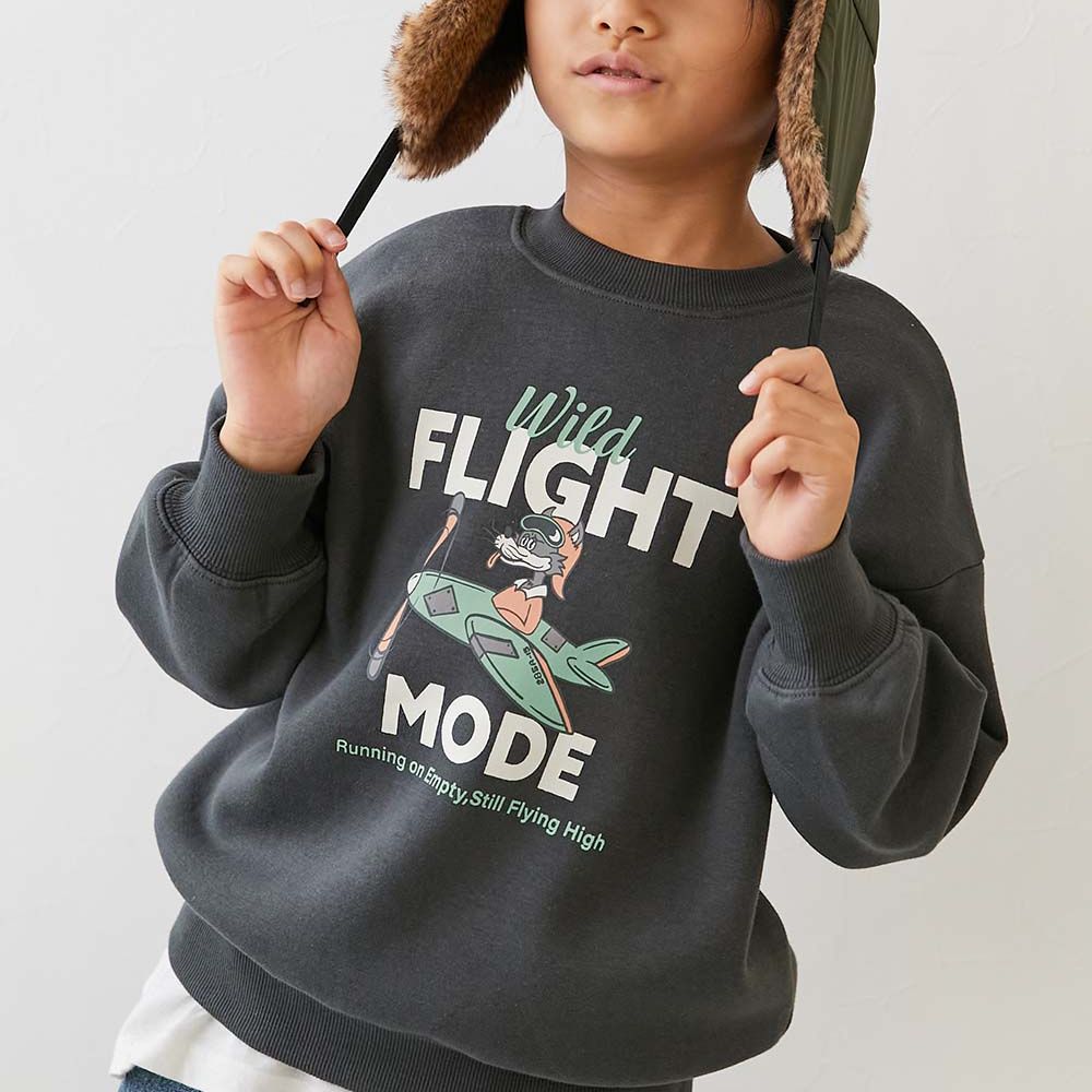 熱銷定番 裏起毛落肩大學長袖上衣-野狼開飛機-灰黑