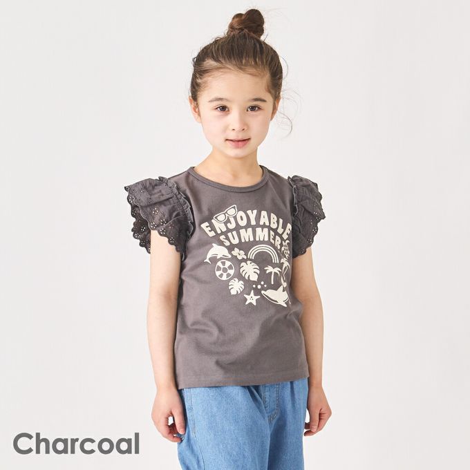 日本 evercloset - 100%棉 蕾絲荷葉邊印花短袖上衣-白