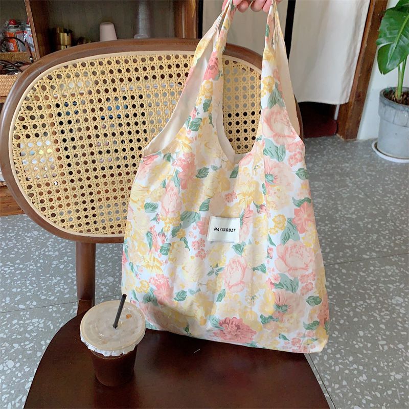 碎花休閒布袋/單肩包-牡丹花-粉色 (41x31+24cm)