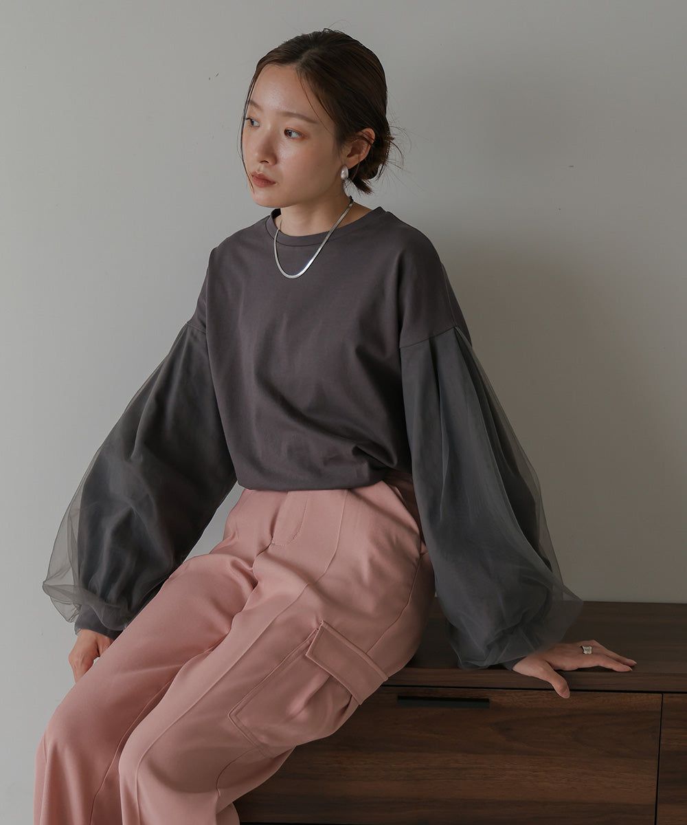 日本 Bab - 優雅拼接薄紗長袖上衣-深灰