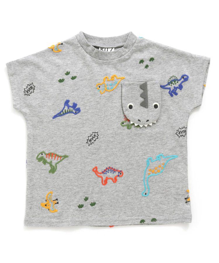 日本 BIT'Z - 彩色刺繡滿版恐龍短袖上衣-灰