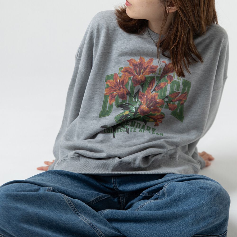 裏毛寬版學院風花卉大學T-灰