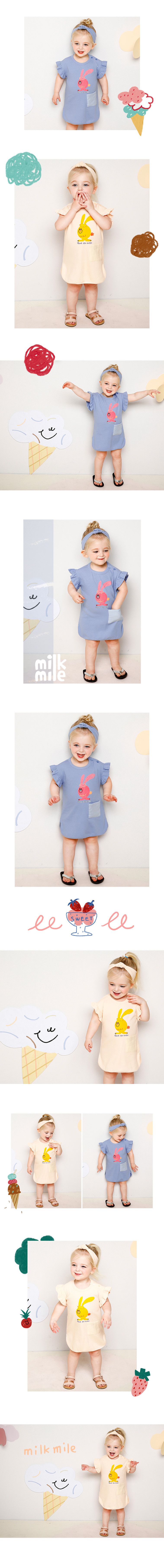 韓國 milk mile - (附髮帶)兔子印花口袋洋裝-米