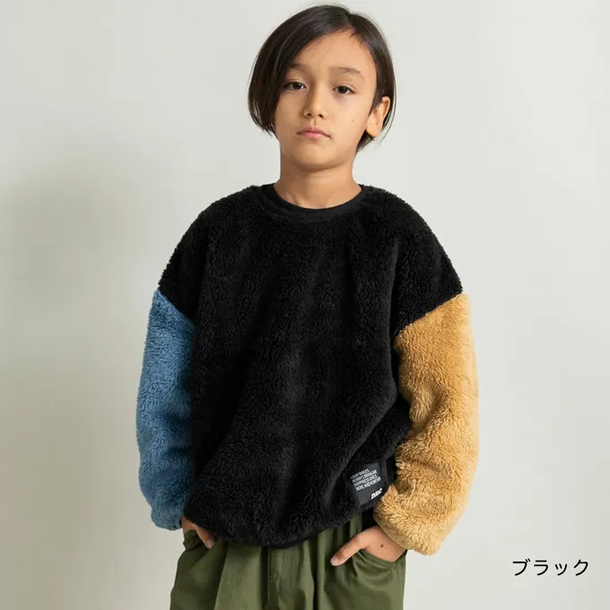 日本 BRANSHES - 泰迪熊雙面毛絨可愛長袖上衣-黑x藍橘撞色