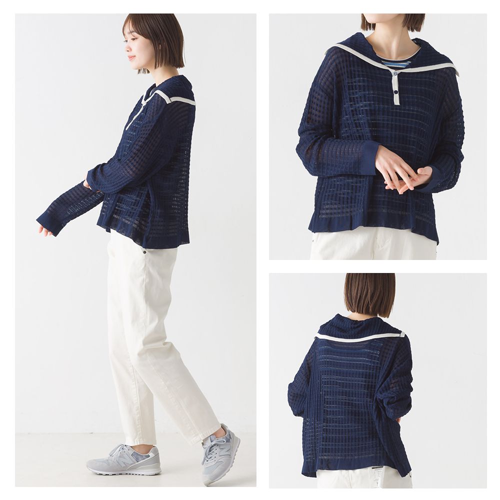 日本 OMNES - 水手領鬆餅紋薄針織上衣-水藍