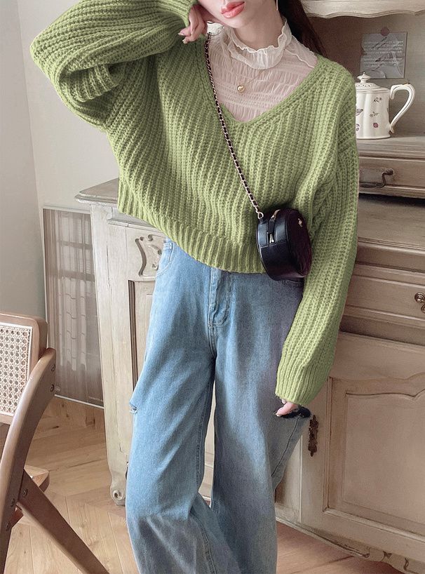 日本 GRL - 聯名款 V領鉤針編輯泡泡袖毛衣-卡其 (F)