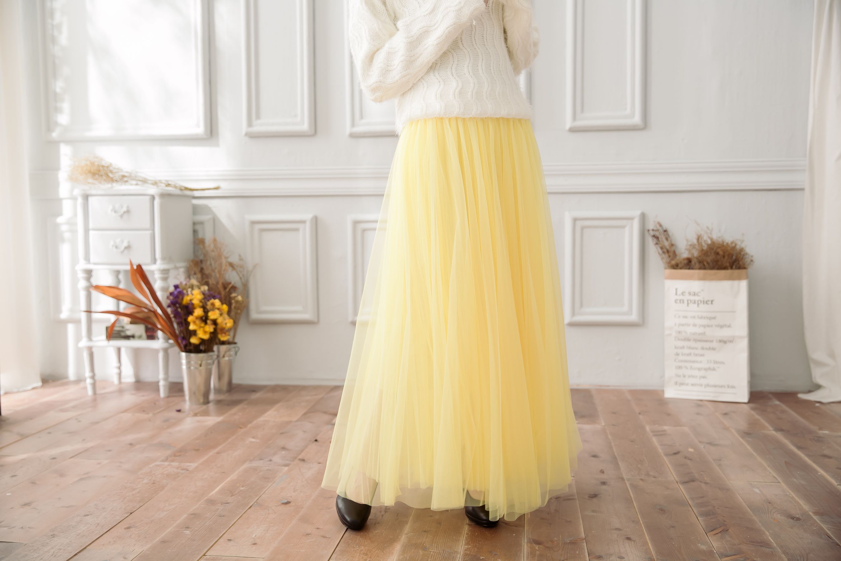 Peachy - 獨家訂製綿柔法式浪漫三層蓬紗裙-三層蓬版-嫩鵝黃 (F)