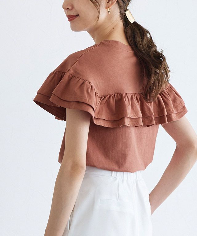 日本 Pierrot - 甜美氣質荷葉滾邊短袖上衣-磚紅橘