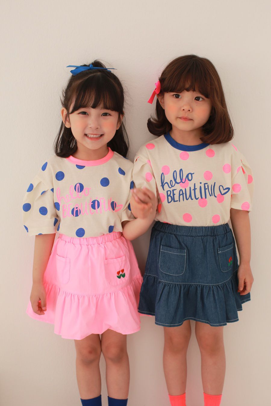 韓國 Dalla - 波點泡泡袖純棉T-粉紅波點