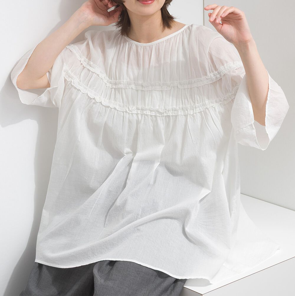 100%棉 輕盈感皺摺廓形五分袖上衣-白