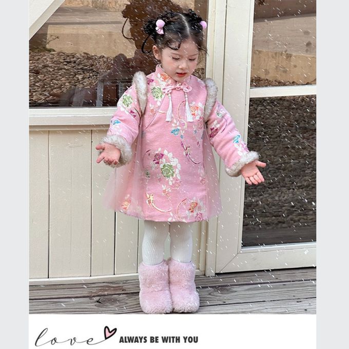 新年拜年甜美古風旗袍領鋪棉網紗點綴洋裝 新年拜年女童洋裝