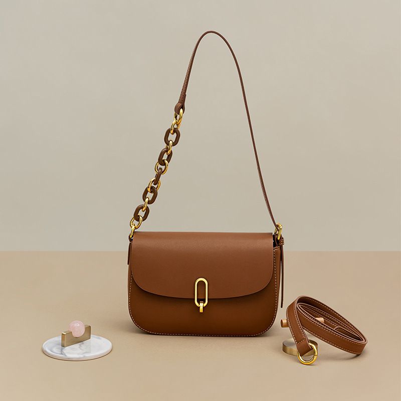 真皮時尚簡約單肩/斜跨馬鞍包-黑色 (17x7x22cm)