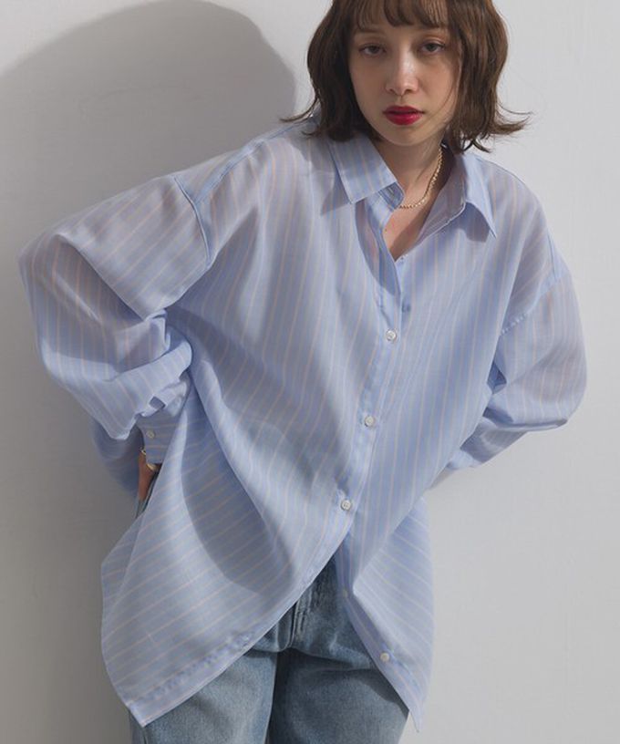 日本 ELENCARE DUE - 2way穿法輕盈透膚寬版薄襯衫-格紋-淺灰綠