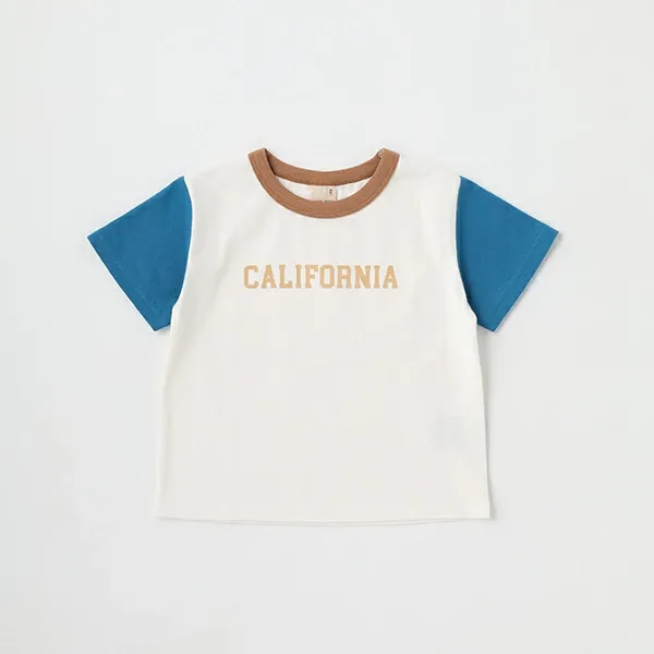 日本 petit main - 百搭印花短袖上衣-恐龍線條-卡其黃