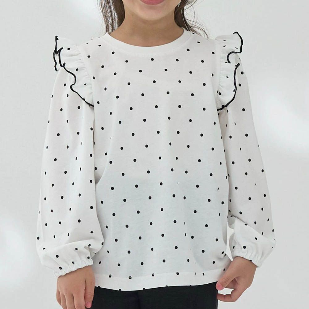 100%棉 浪漫荷葉肩滿版印花長袖上衣-點點-白