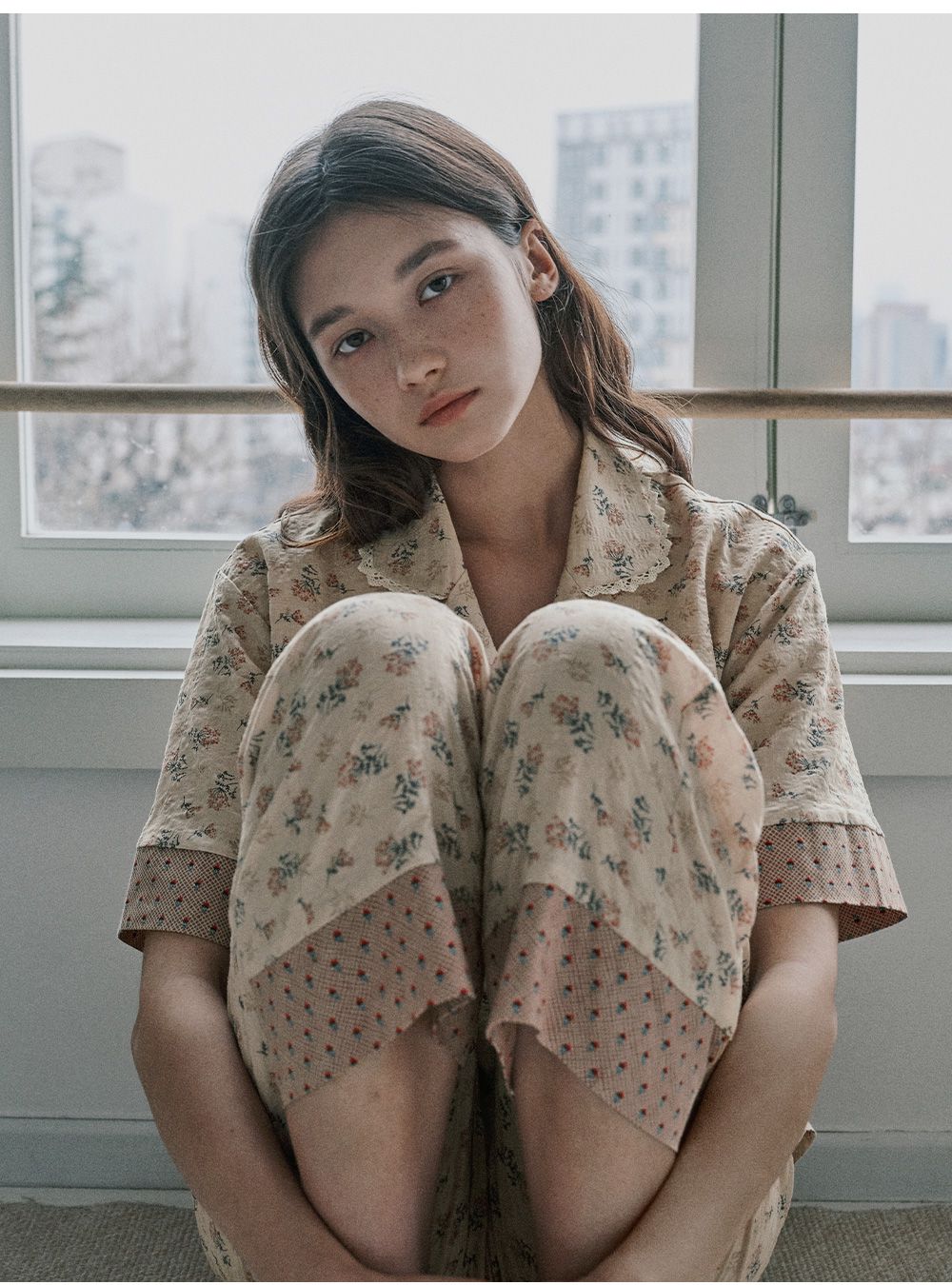 韓國 ULLALA - 復古碎花長褲睡衣(兩件式) (FREE)