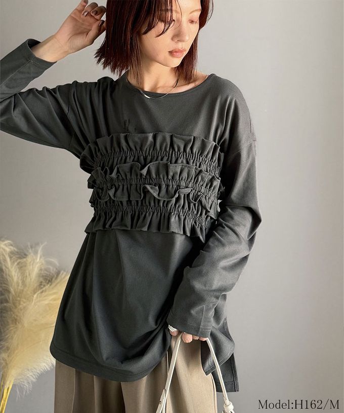 日本 Classical Elf - 時尚造型圓領長袖上衣(附荷葉腰帶)-炭灰