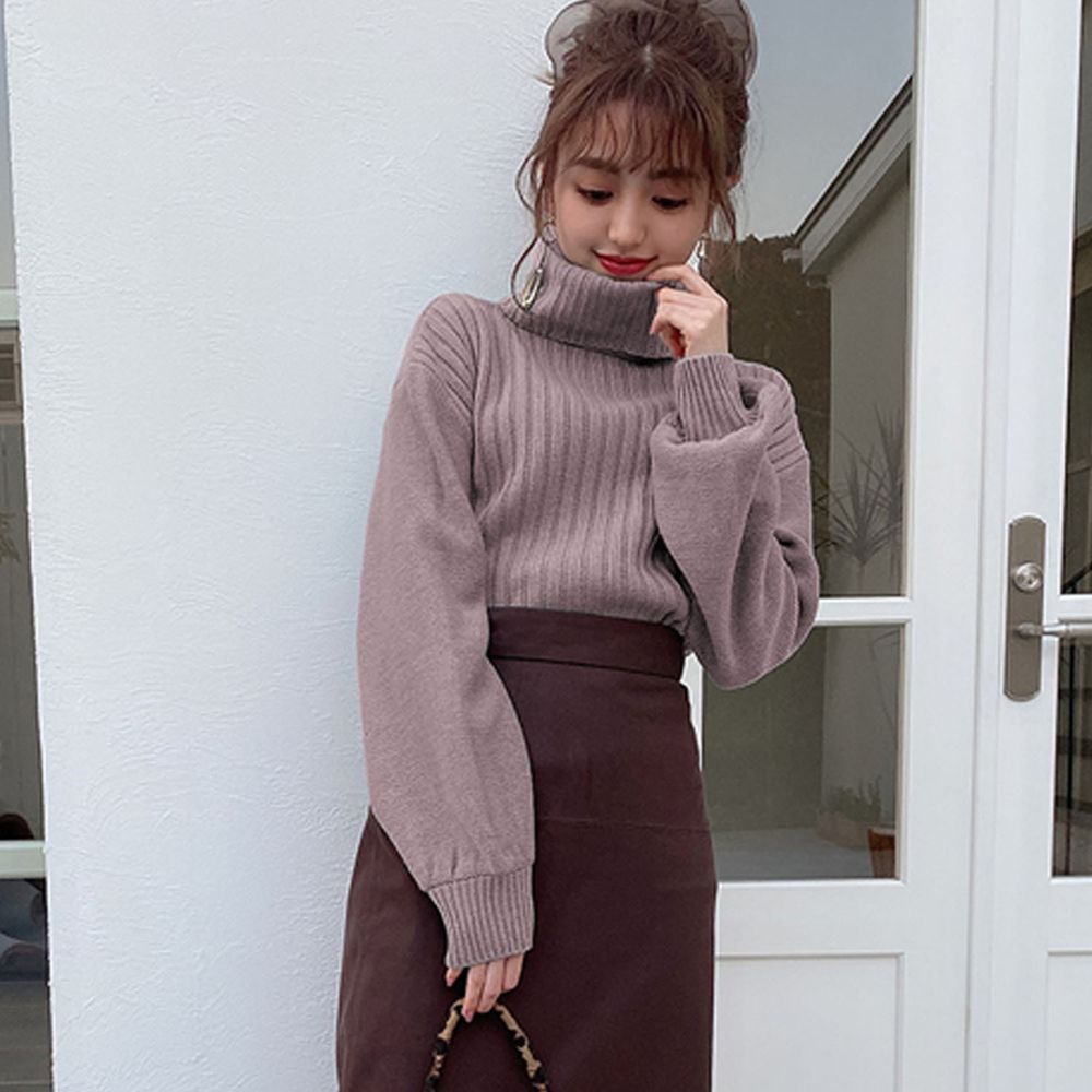日本 GRL - 寬鬆高領羅紋針織上衣-紫