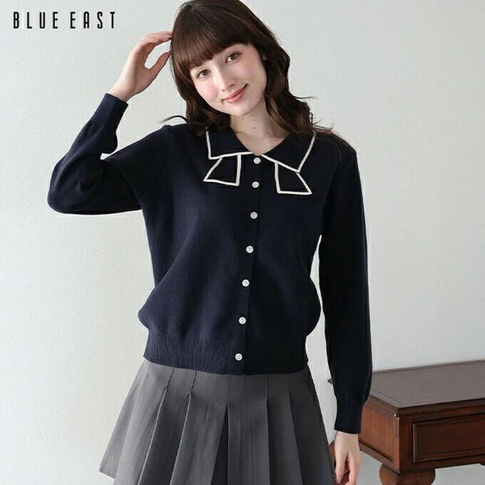 日本 BLUE EAST - 甜美蝴蝶結勾邊領針織上衣開襟衫-象牙白 (M)