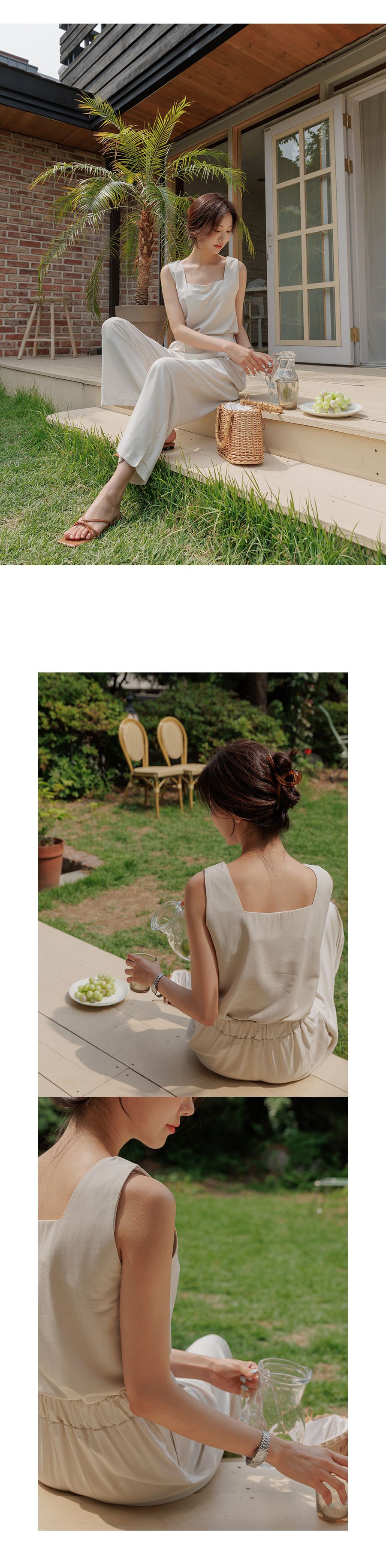 韓國 Urbantheroom - (兩件式)純色方領背心套裝-奶油杏 (Free)