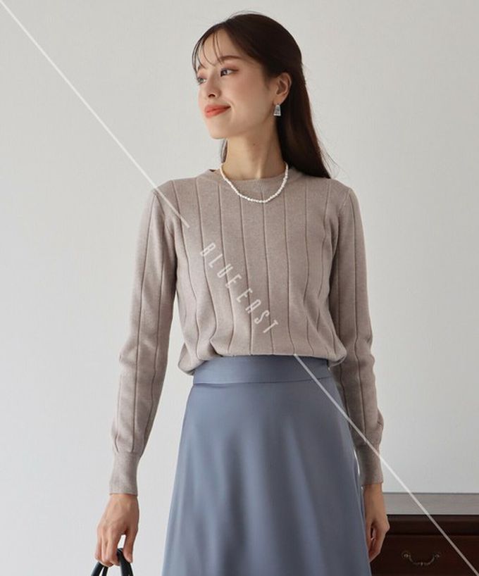 日本 BLUE EAST - 圓領粗坑條長袖針織上衣-奶油杏