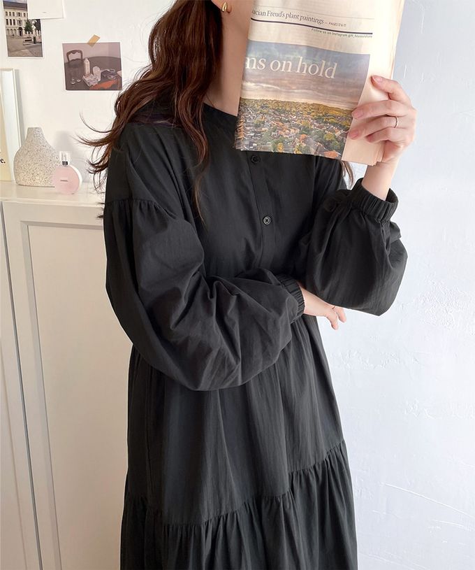 日本 Classical Elf - 百搭分層襯衫領大寬袖洋裝-卡其