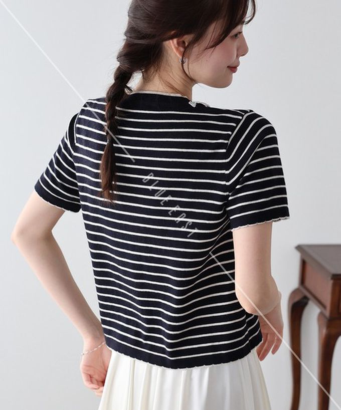 日本 BLUE EAST - 蕾絲蝴蝶結領條紋針織短袖上衣-海軍藍