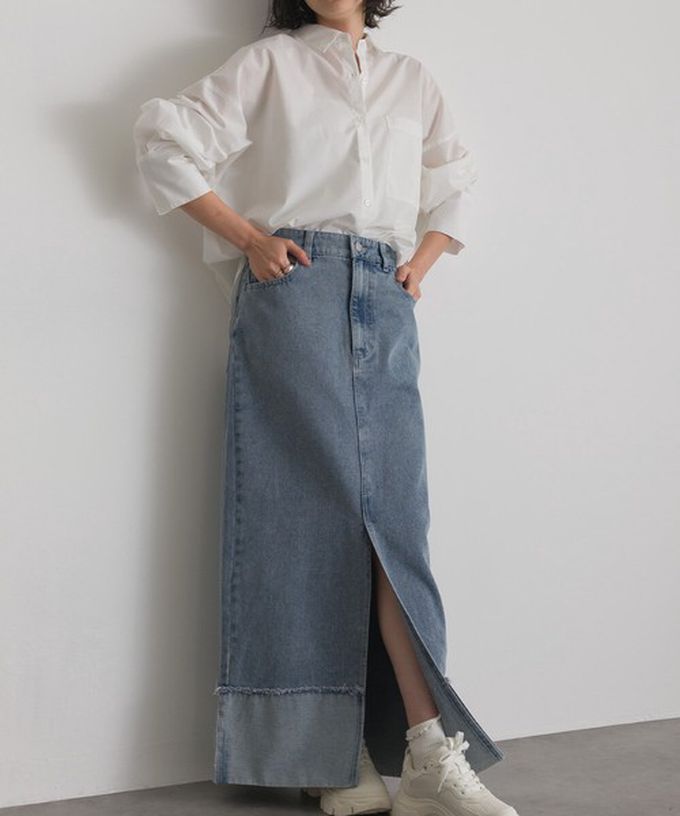 日本 ELENCARE DUE - 10oz抽鬚摺邊俐落前開叉牛仔長裙-海軍藍