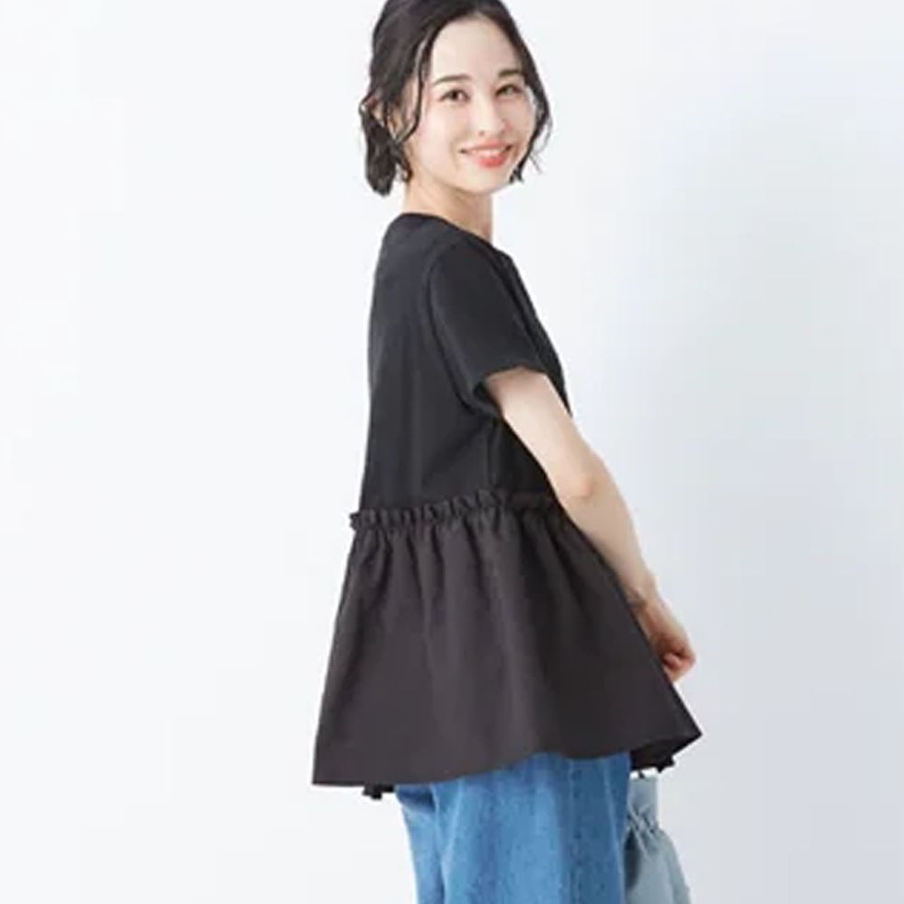 日本 BELLUNA - 異材質拼接寬鬆短袖上衣-黑