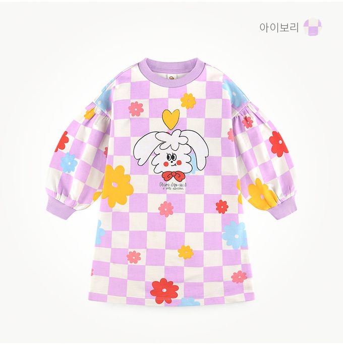 韓國 milk mile - 棋盤紋花綴白兔連身洋裝