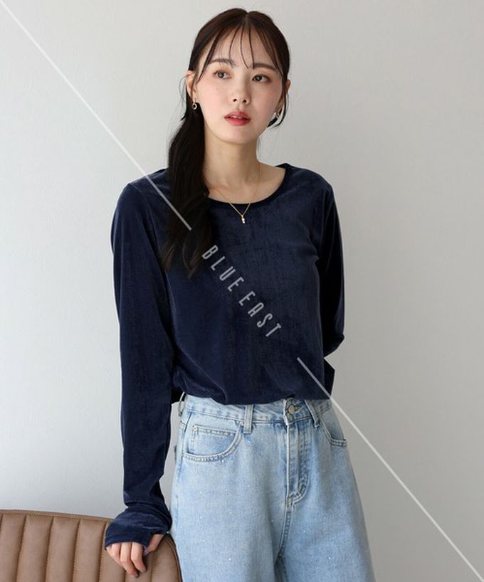 日本 BLUE EAST - 透明感光澤絨面船領長袖上衣-(指孔設計)-咖啡