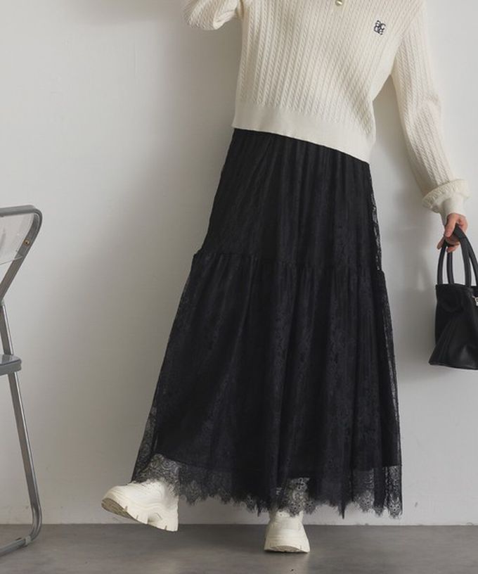 日本 ELENCARE DUE - 奢華睫毛蕾絲飄逸長裙(2件式)-黑