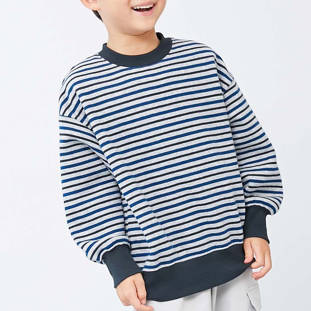 裏起毛 百搭條紋大學長袖上衣-灰黑