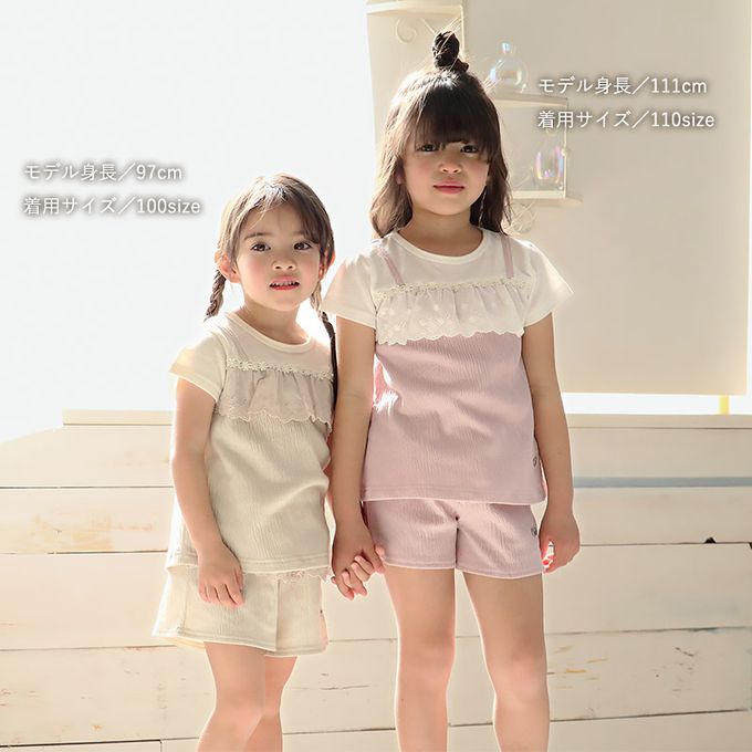 日本 ZOOLAND - 清爽楊柳 假二件蕾絲滾邊短袖上衣-粉紅