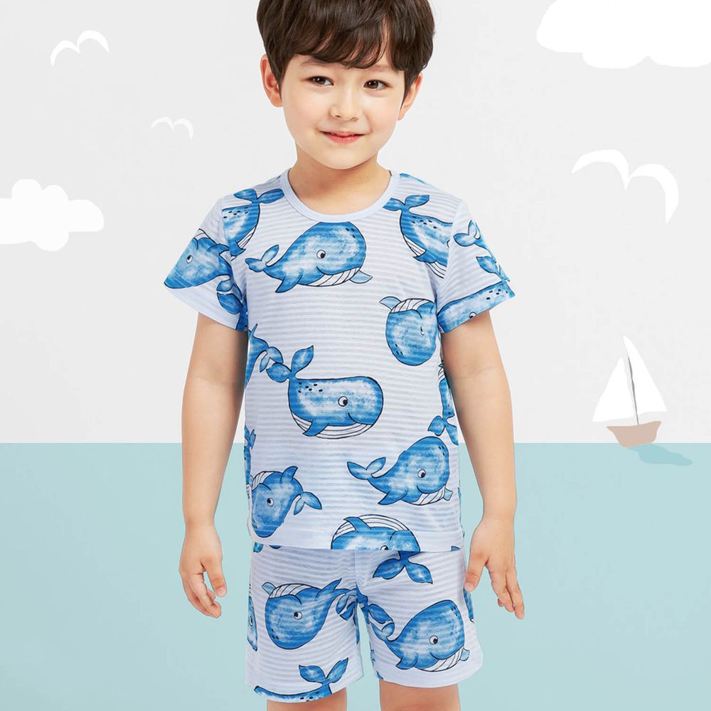 韓國 Mellisse - 韓製透氣輕薄短袖家居服(無螢光棉)-藍色鯨魚