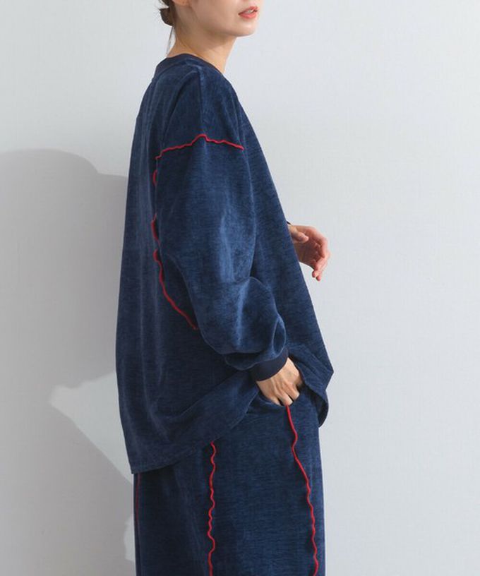 日本 Lupilien - 木耳縫線休閒絨面長袖上衣-海軍藍