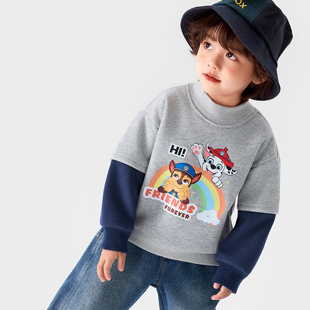 卡通汪汪隊加絨半高領假兩件長袖上衣-卡通人物阿奇-拼色灰