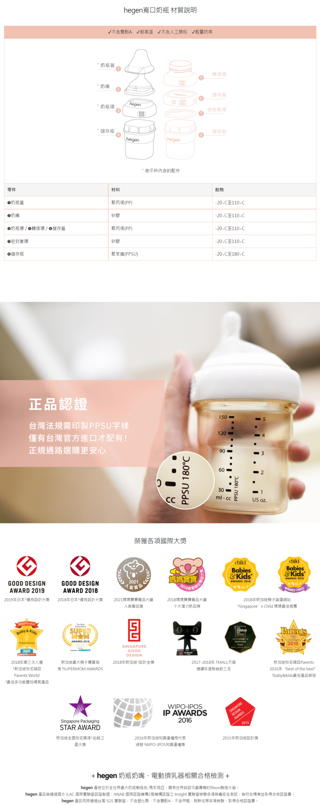 hegen - 金色奇蹟PPSU多功能方圓型寬口奶瓶 240ml