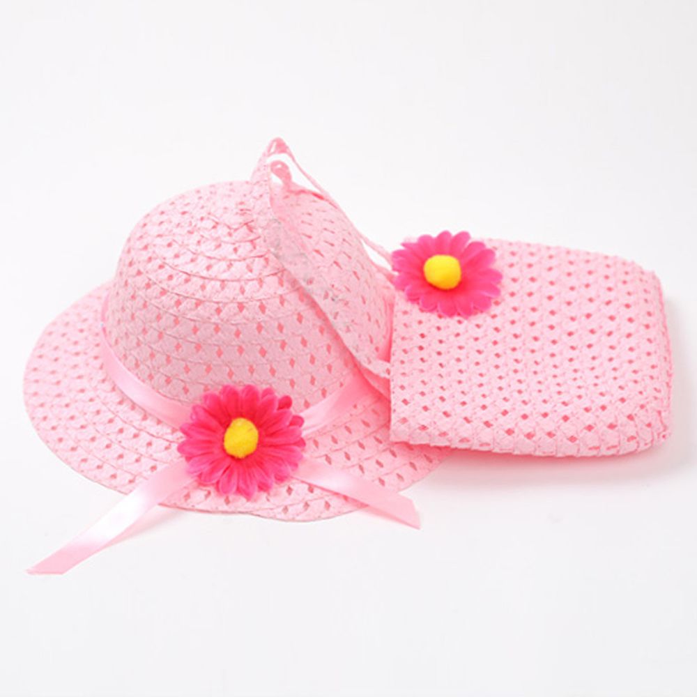 韓國 OZKIZ - 花朵緞帶竹編帽/包包Set-粉紅