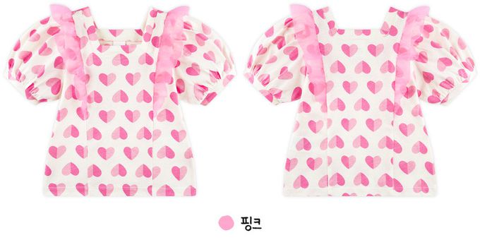 韓國 WALTON kids - 桃粉愛心網紗點綴方領上衣