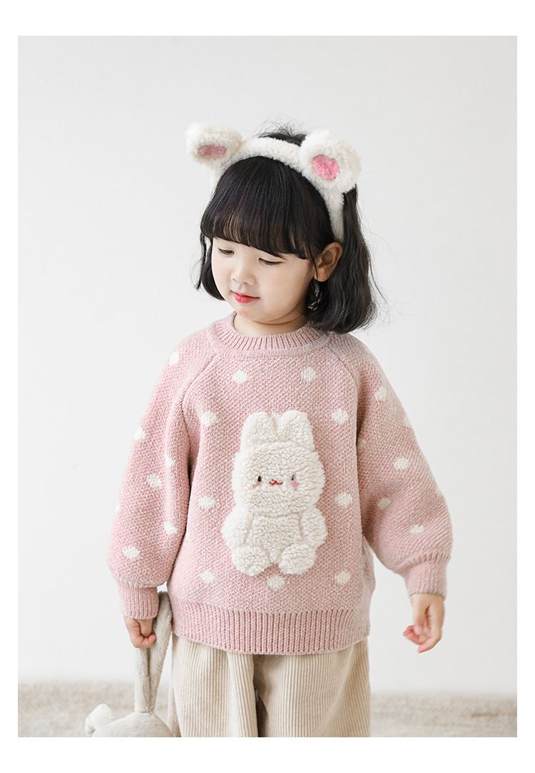 TONGMO - 雪尼爾針織圓領長袖毛衣-滿滿兔子-粉色