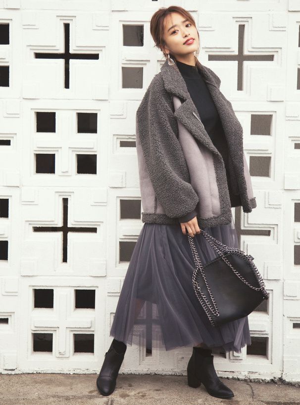 日本 GRL - 飄逸顯瘦雙層傘紗裙-灰摩卡 (M)