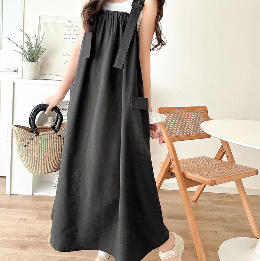 清爽亞麻質感工裝寬吊帶洋裝-炭灰
