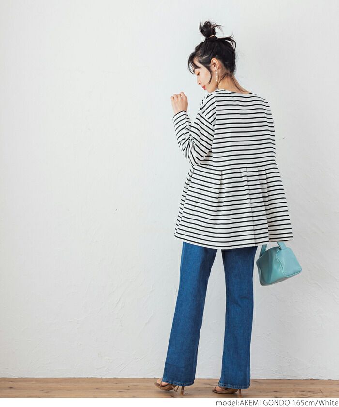 日本 COCA - 橫條紋縮腰傘狀長袖上衣-黑底白條