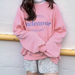 日本 GRL - 清爽英文logo刺繡裏毛長袖上衣-粉 (F)