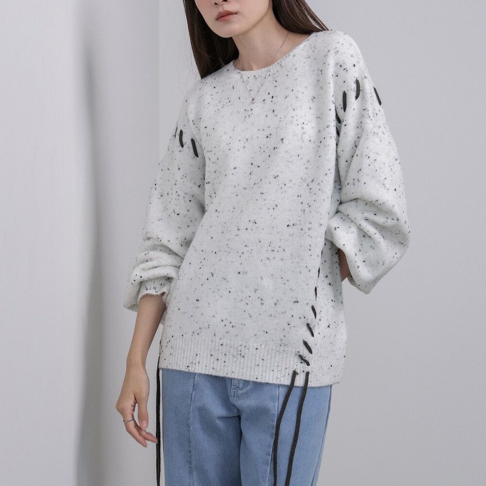 可可碎片感率性縫線針織上衣-灰白