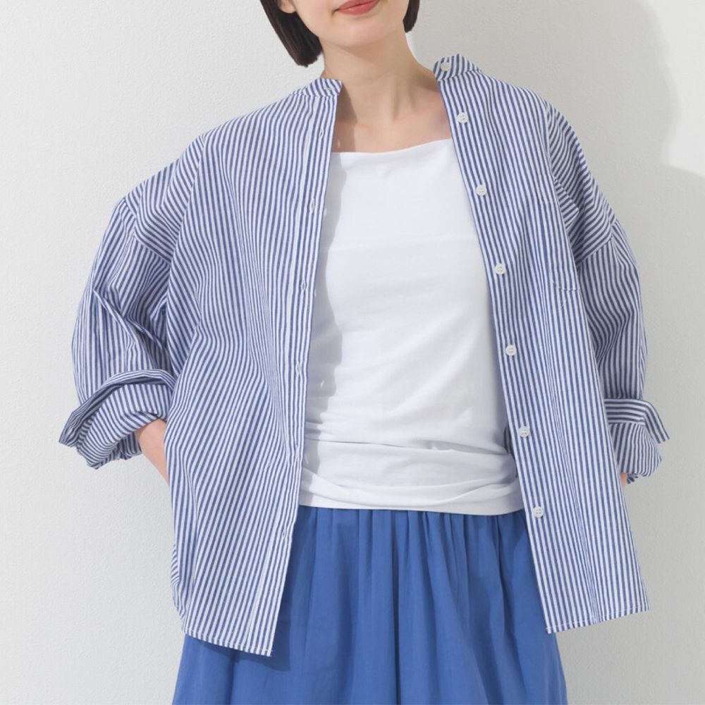 純棉 俐落條紋寬鬆感立領襯衫-海軍藍