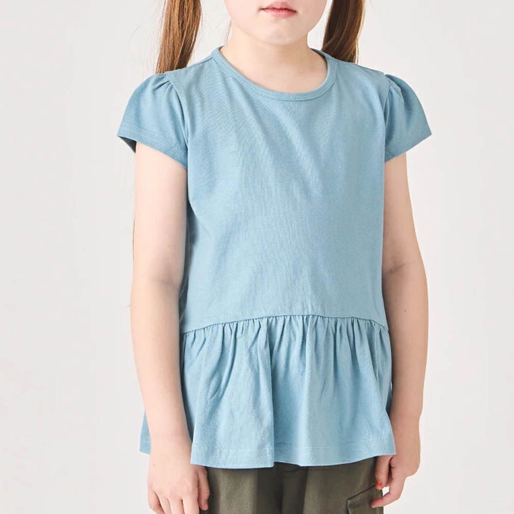 100%棉 層次荷葉衣襬短袖上衣-素面-藍綠