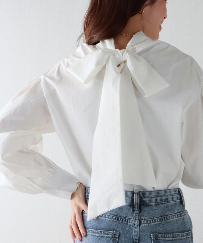 日本 BLUE EAST - 前後2way大蝴蝶結綁帶長袖襯衫-白